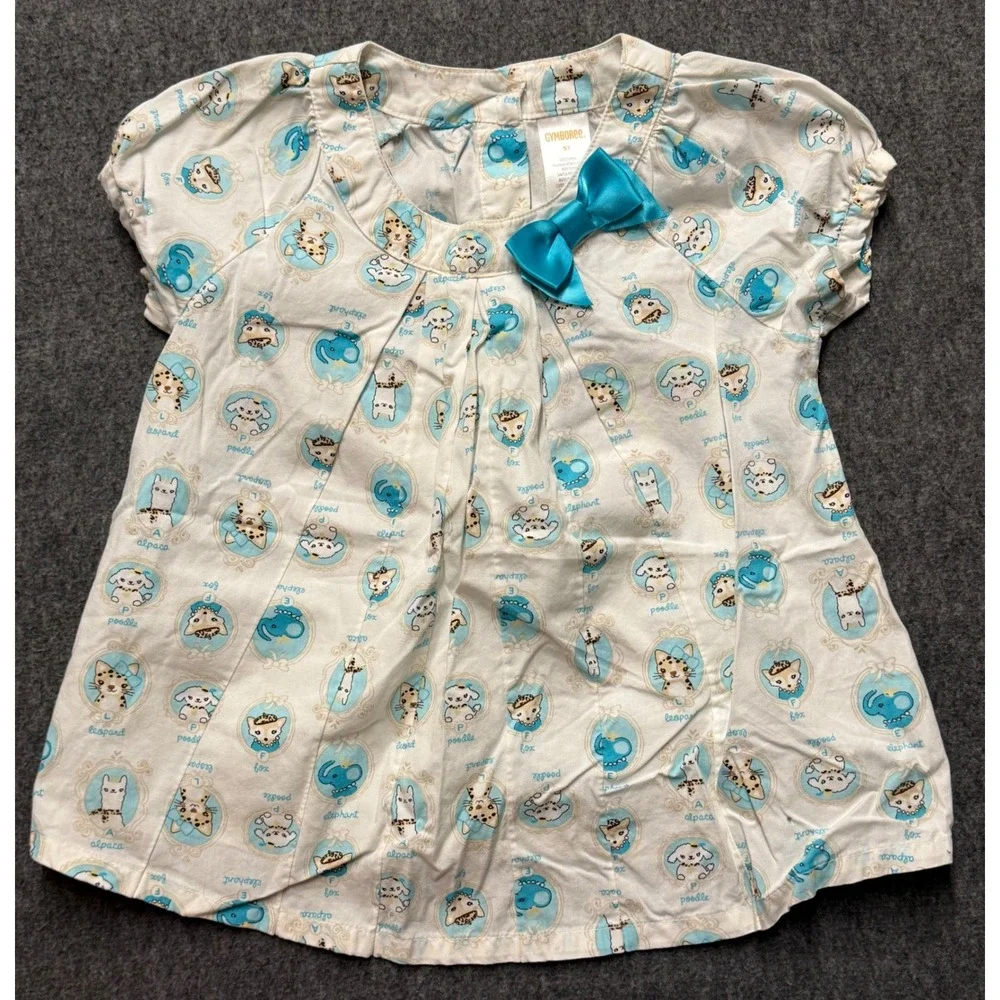 Gymboree 2013 5T Animal Portrait Print Tunic Top White Blue Bow Cotton Pleated